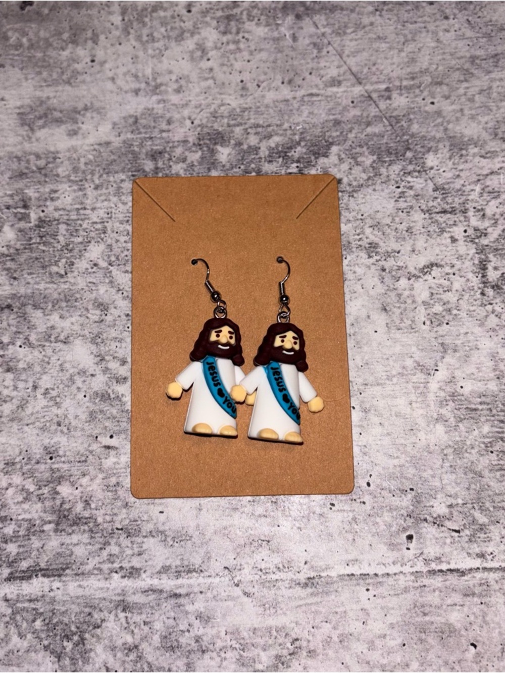 Handmade Jesus Loves You Earrings NEW Blue Sash